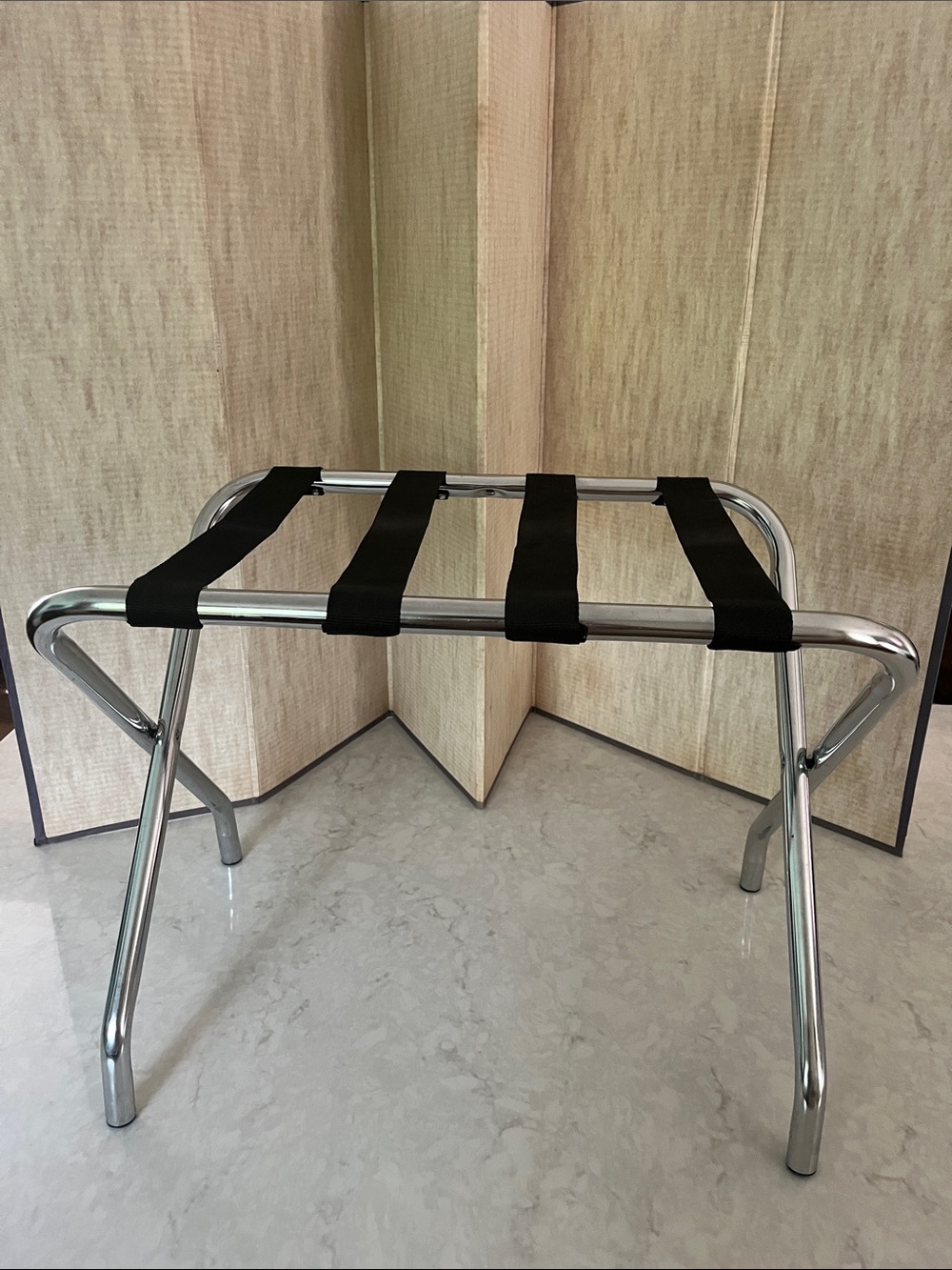 Vintage MCM Chrome Folding Luggage Suitcase Rack Hotel Stand Straps in black